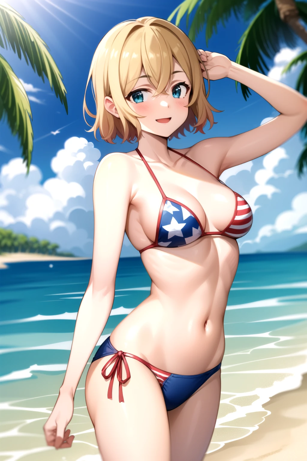 2d, masterpiece, best quality, anime, highly detailed, 1girl, solo, cowboy shot, mami, american flag bikini, [small breasts], beach, island, palm tree, waves, towel, smile<lyco:rentagf:1>