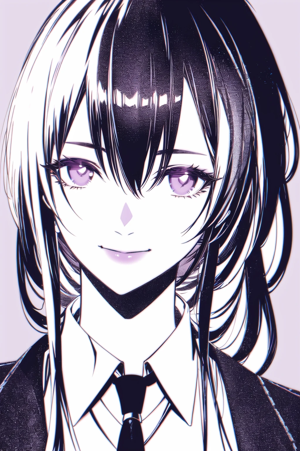 1girl, bangs, closed mouth, collared shirt, eyewear on head, hair between eyes, long hair, looking at viewer, monochrome, necktie, purple background, purple eyes, shirt, sidelocks, smile, solo, spot color, star-kafka, sunglasses, upper body,mature female,(masterpiece),(best quality)