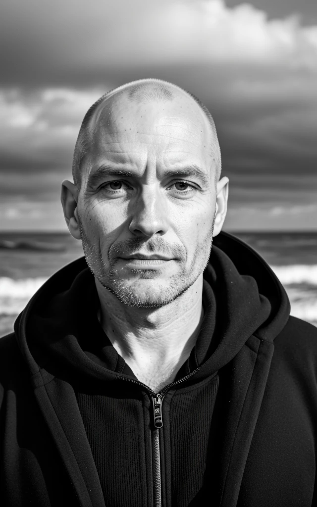 b&w photo of 42y old man in black clothes, bald, face, half body, body, high detailed skin, skin pores, coastline, overcast weather, wind, waves, 8k uhd, dslr, soft lighting, high quality, film grain, Fujifilm XT3