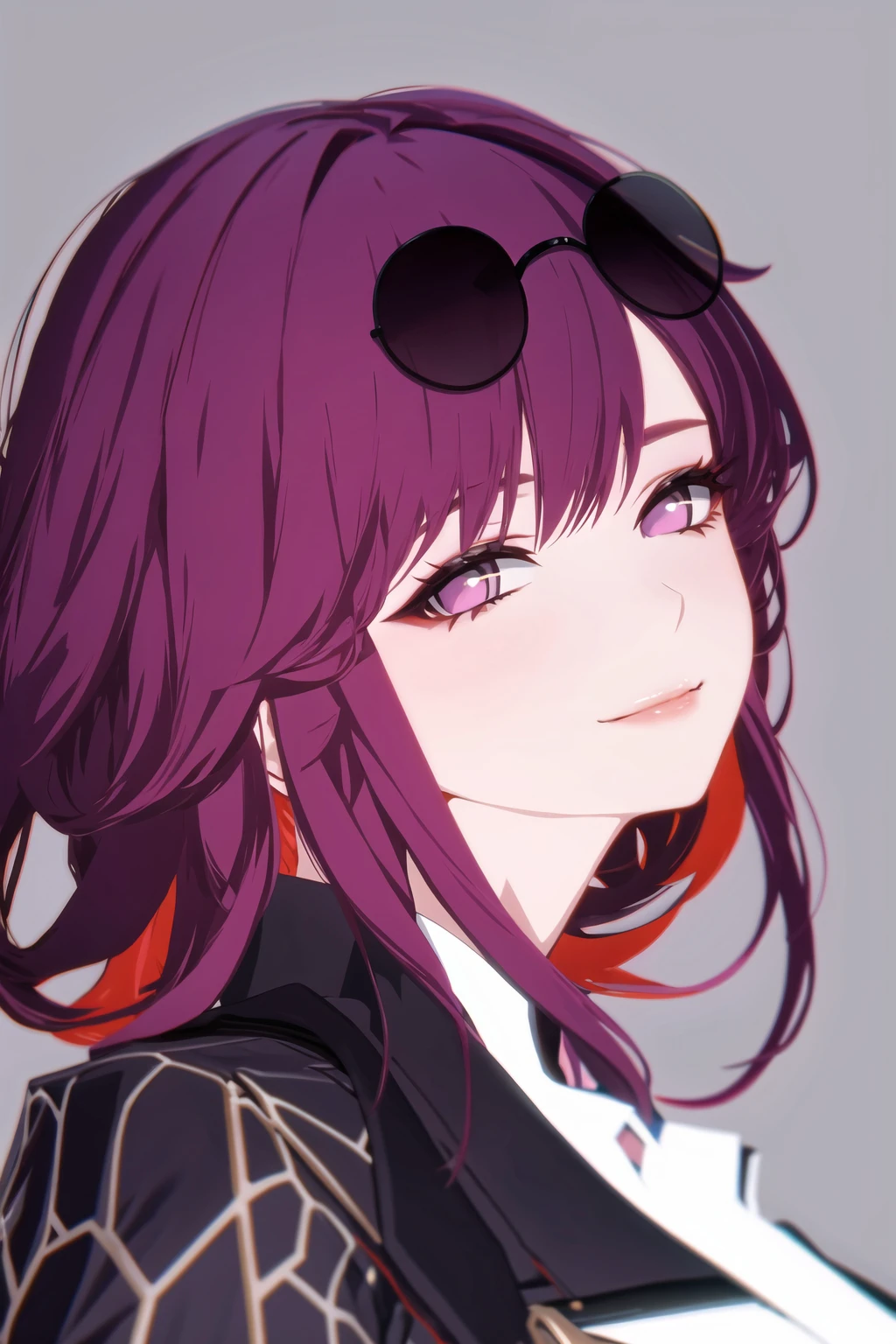 1girl, bangs, closed mouth, eyewear on head, glasses, grey background, long hair, looking at viewer, portrait, purple hair, red hair, smile, solo, star-kafka,mature female,(masterpiece),(best quality)