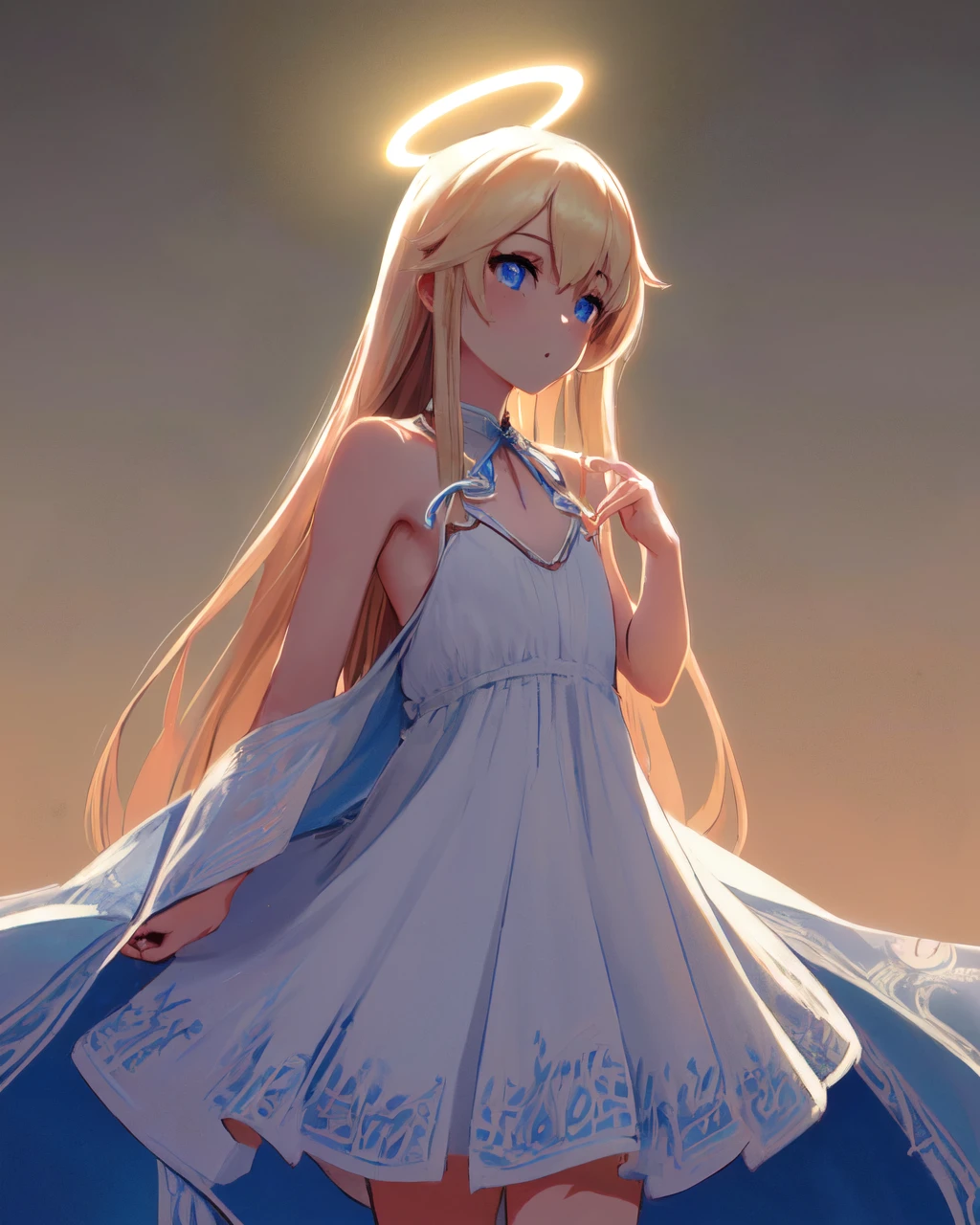 <lora:e7 AOL:1> e7 AOL, small breasts, flat chest, blue eyes, halo, white summer dress with blue borders,
(masterpiece), best quality, highres, 4k, 8k, Detailed Illustration, intricate detail, cinematic lighting, amazing quality, 1girl, fit female, amazing shading, soft lighting, facing camera, perfect eyes,