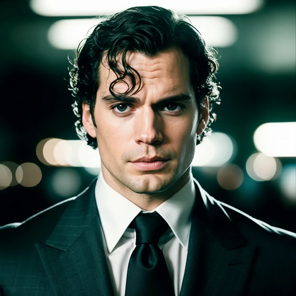 RAW face closeup portrait of henrycavill person wearing a tuxedo, professional photography, in blade runner, high resolution, 4k, 50mm, vaporwave, photo by Brooke Shaden, close portrait, <lora:henrycavill_6110:1>