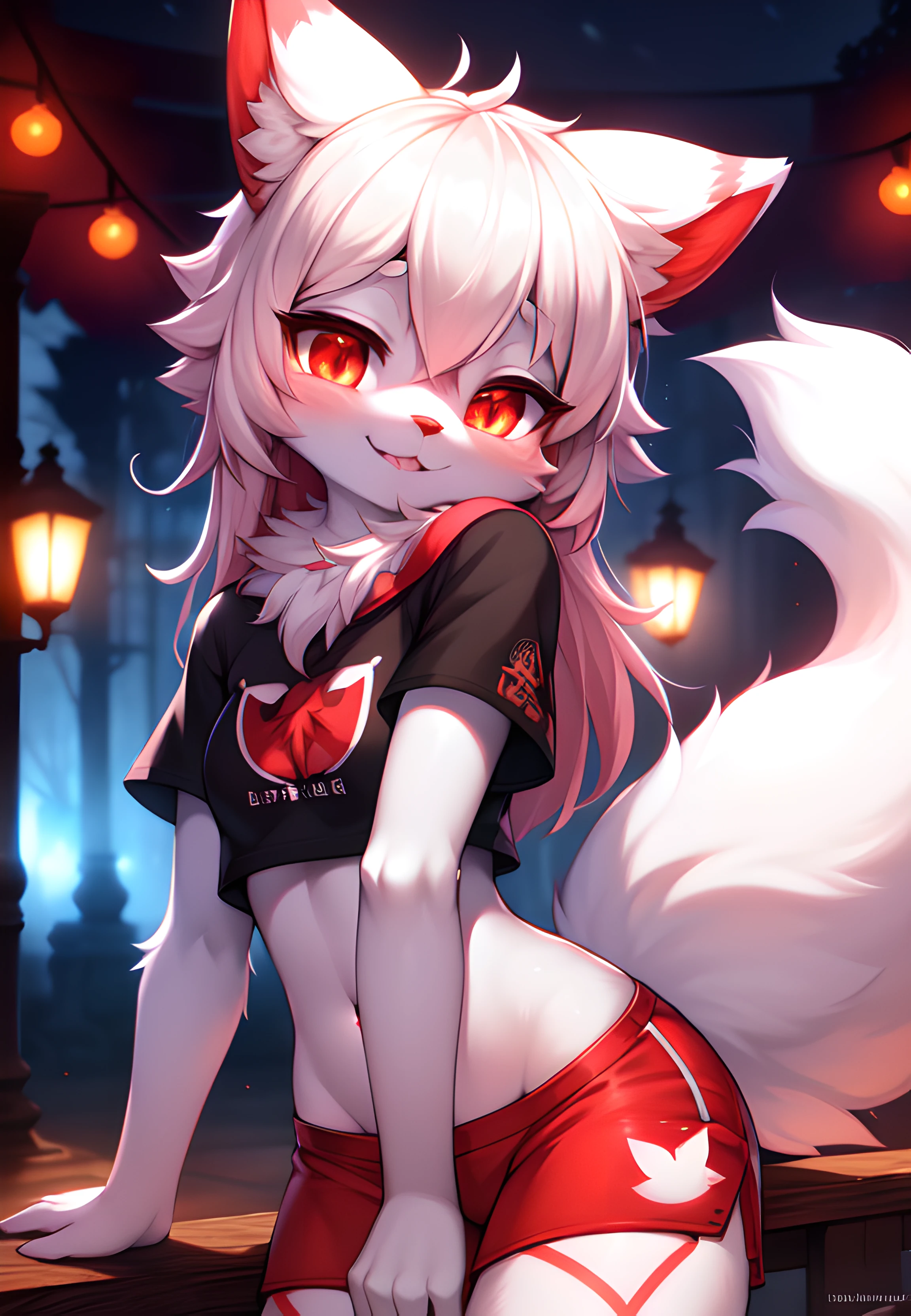 furry, white fur, ultra cute face, red elements on fur, glowing t-shrt, beautiful lights and shadows, ambient light, ultra detailed fur, volumetric light