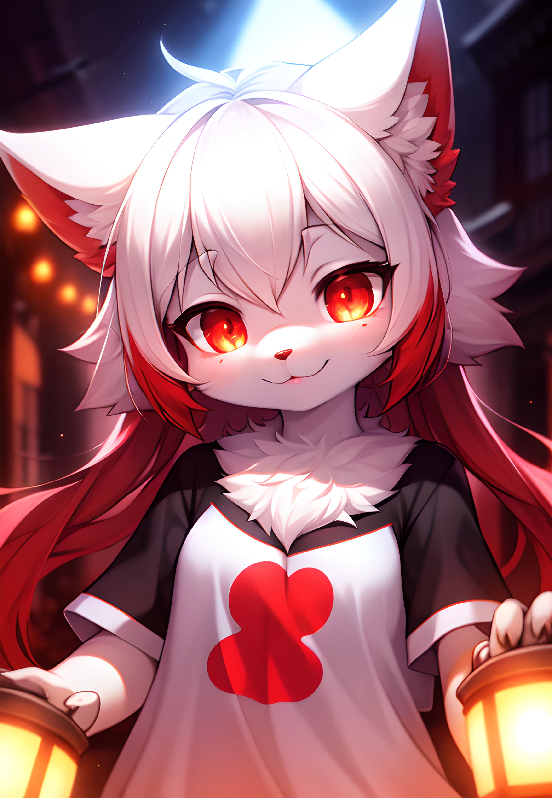 furry, white fur, ultra cute face, red elements on fur, glowing t-shrt, beautiful lights and shadows, ambient light, ultra detailed fur, volumetric light