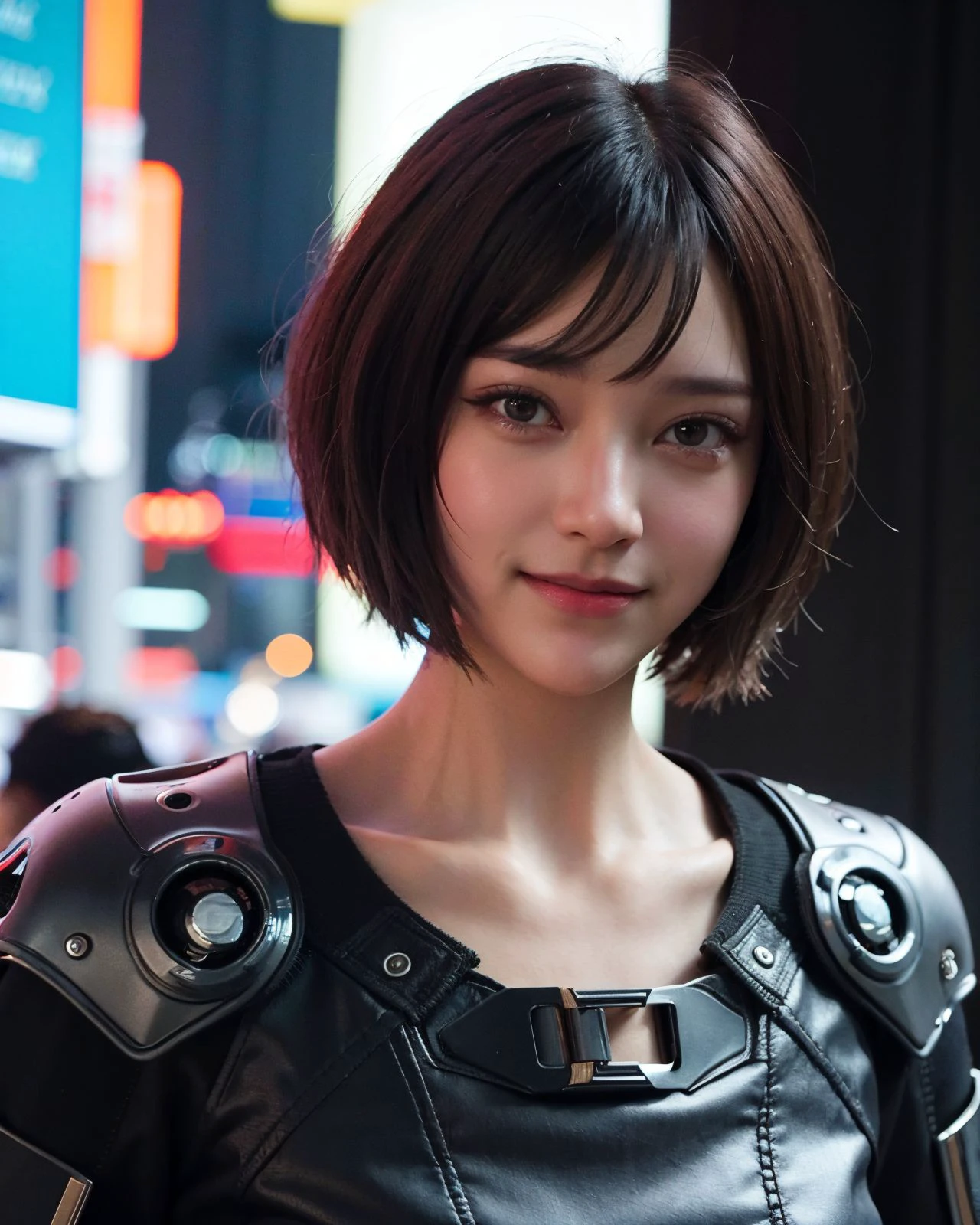 <lora:zyd232_ChineseGirl_v4_0:1> zydG, 1girl, detailed skin, looking at viewer, brown eyes, (short hair with bangs:1.2), (medium breasts:1.0),
face focus, portrait, shap focus, (smile:1.2), (dark atmosphere, low key, in shadow, dark shadow:1.2), (cyberpunk wearing:1.5),
(photorealistic:1.4), (best quality:1.0), (ultra highres:1.0), 8k, RAW photo, (masterpiece:0.2),
(pureerosface_v1:0.5)