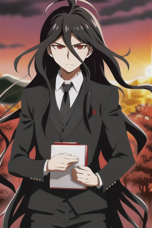 masterpiece, best quality, absurdres, 1boy, kamukura izuru, black hair, very long hair, wavy hair, red eyes, ahoge, suit, black necktie, long sleeves, black pants, closed mouth, portrait, cowboy shot, (backlighting), school, outdoors, dramatic angle, (expressionless), dramatic lighting, sunset, <lora:danganronpa3_despair_arc:0.65>