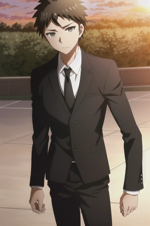 masterpiece, best quality, absurdres, 1boy, hinata hajime, black hair, ahoge, suit, black necktie, long sleeves, black pants, clossed mouth, portrait, cowboy shot, (backlighting), school, outdoors, dramatic angle, (expressionless), dramatic lighting, sunset,  <lora:danganronpa3_despair_arc:0.65>