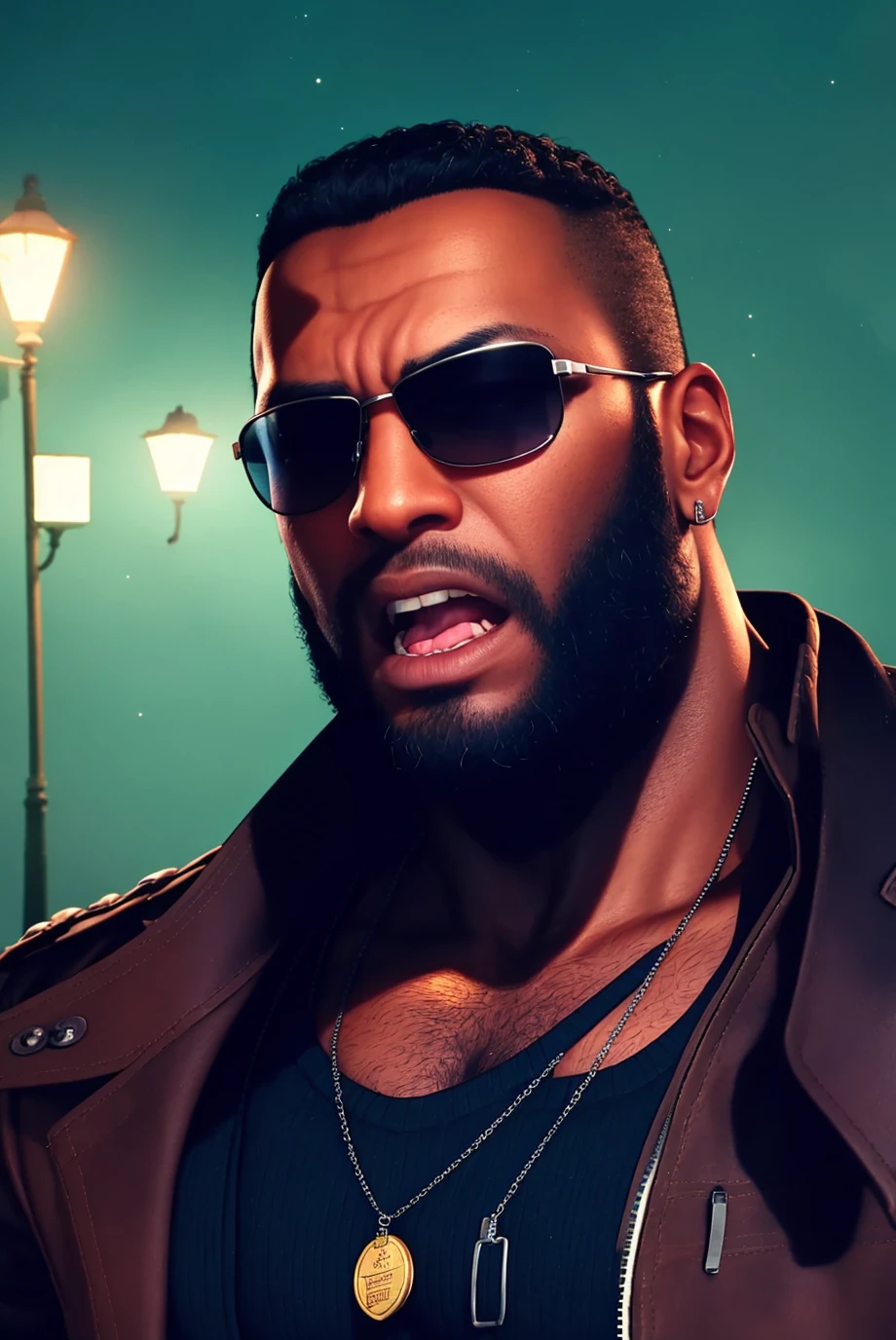 ff7r style,
1boy, male focus, dog tags, weapon, gloves, gun, jacket, dark-skinned male, dark skin, facial hair, night, beard, open mouth, sunglasses, portrait,
<lora:ff7r_style_ned_offset:1>