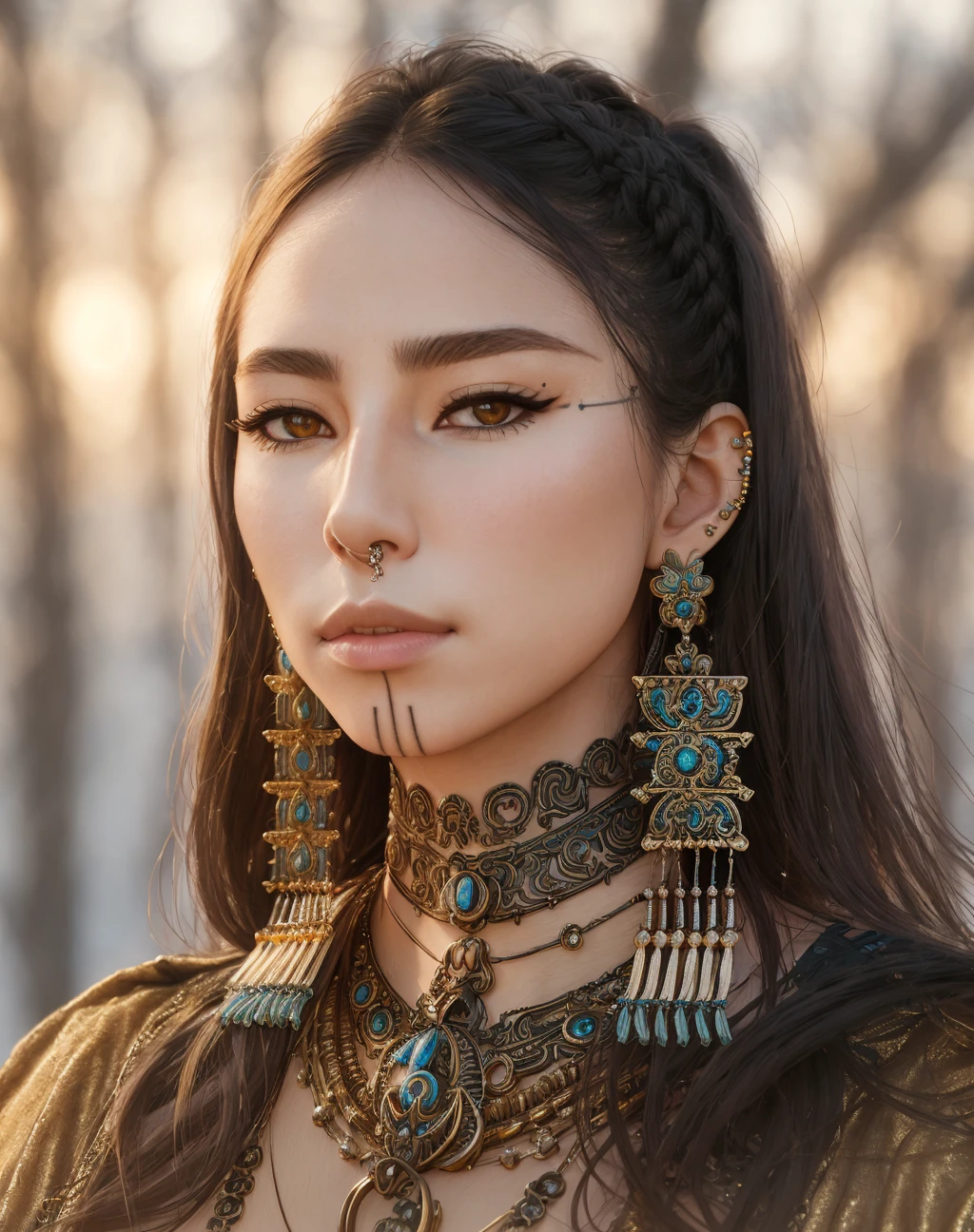 Masterpiece, absurdres, fine detail, HDR, highly detailed face and eyes, photorealistic,excited,beautiful qcd_woman, a woman with a piercing on her nose ,perfect qcd_face, perfect qcd_body, face tattoo, <lora:qcd:0.75>