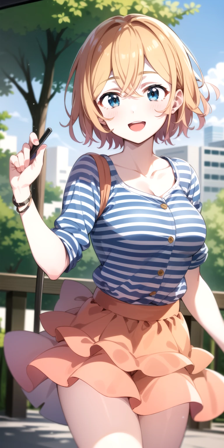2d, masterpiece, best quality, anime, highly detailed, 1girl, solo, cowboy shot, mami, blue shirt, striped shirt, straps, layered skirt, pink skirt, collarbone, outdoors, smile<lyco:rentagf-10:1>