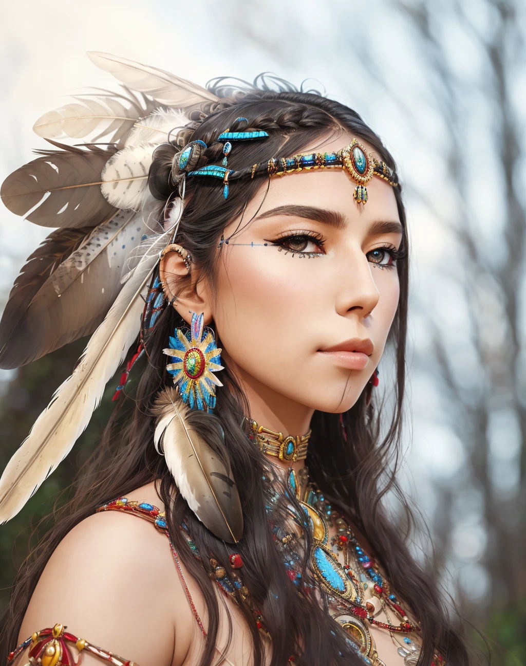 Masterpiece, absurdres, fine detail, HDR, highly detailed face and eyes, photorealistic,beautiful qcd_woman, a woman with a feather headdress and a dress ,perfect qcd_face, perfect qcd_body, face tattoo<lora:qcd:0.75>