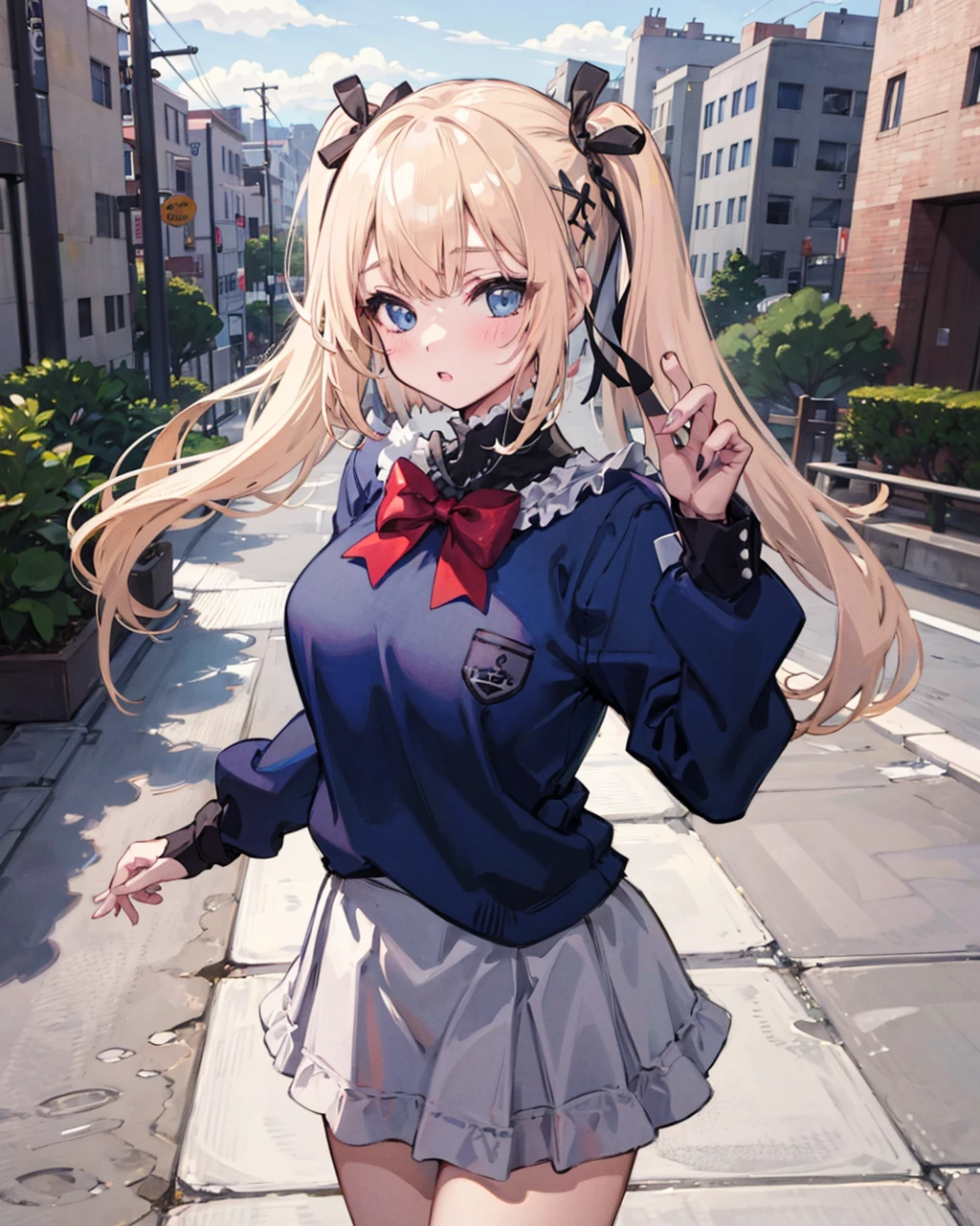 1girl,solo,large breasts, marierose,school uniform, standing,cowboy shot, blush,
outdoors,cityscape,street, <lora:MarieroseV1:1>,