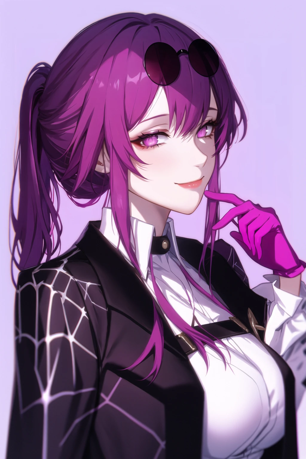 1girl, bangs, closed mouth, eyewear on head, gloves, jacket, large breasts, long hair, long sleeves, looking at viewer, pink eyes, ponytail, purple background, purple eyes, purple hair, shirt, smile, solo, star-kafka, sunglasses, tinted eyewear, upper body, white shirt,mature female,(masterpiece),(best quality)