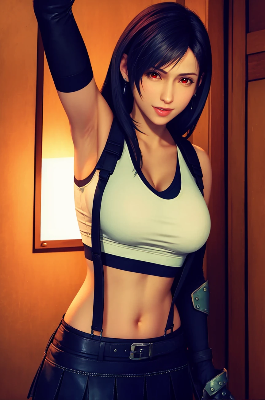 ff7r style, 
tifa lockhart, 1girl, thick lips, arm up, armpits, artist name, belt, black hair, breasts, red eyes, cleavage, closed mouth, collarbone, cowboy shot, crop top, earrings, elbow gloves, elbow pads, gloves, jewelry, large breasts, lips, long hair, low-tied long hair, midriff, navel,   indoors, skirt, smile, solo, stomach, suspenders, tank top, upper body, ((masterpiece)) <lora:tifa_lockhart:0.2> 
<lora:ff7r_style_ned_offset:1>