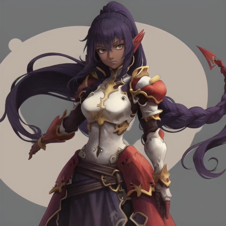 Headshot, 1girl, perfect_face, dark_skin, dark-skinned_female, armor, transparent_background, breastplate, breasts, black_hair, long_hair, looking_at_viewer, shoulder_armor, solo, transparent_background, (Masterpiece, Best Quality:1.2), <lora:KnightsInTheKnightmare-10:0.8>, braided_ponytail,