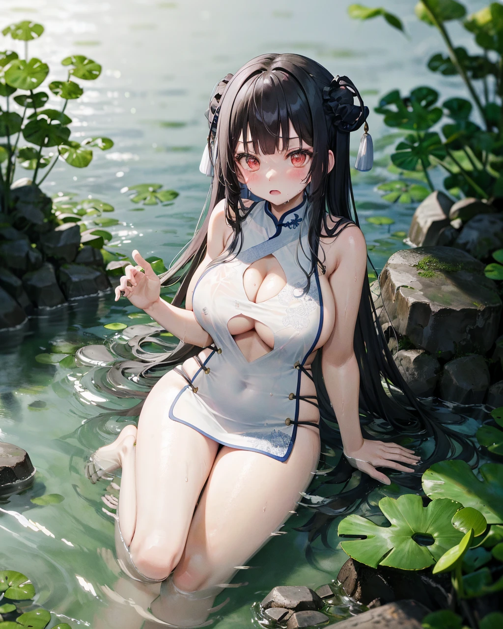 oekakizuki china dress, 1girl,large breasts,partially submerged,outdoors,lake,water,barefoot,lotus, leaf,rock,closed mouth, blush,wet, <lora:OekakizukiChinaDressV2:0.9>,black hair,red eyes