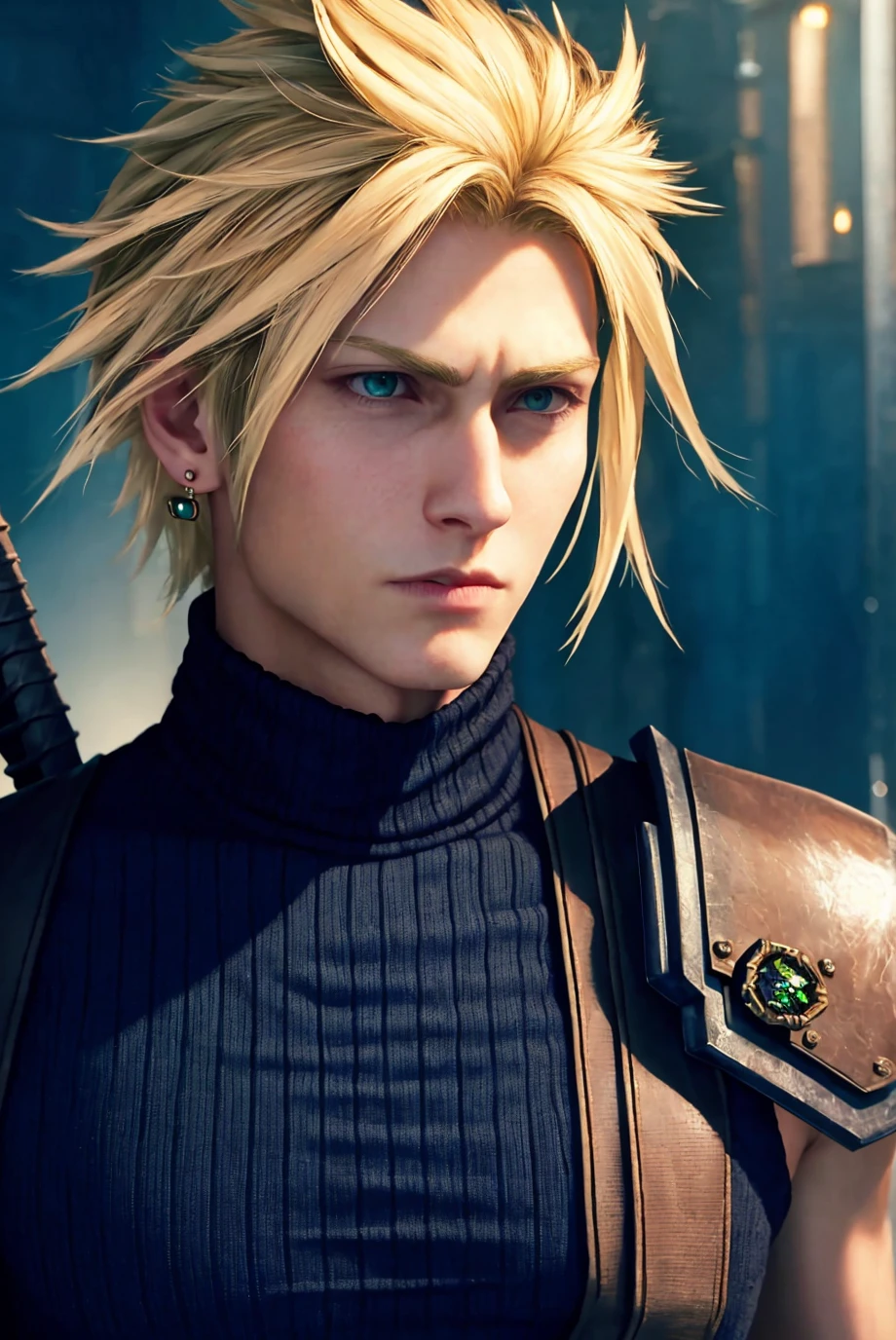 ff7r style,
1boy, male focus, solo, blonde hair, jewelry, earrings, sword, spiked hair, turtleneck, portrait, armor, upper body, blurry background, closed mouth, weapon on back, realistic, single earring
, ((masterpiece))
<lora:ff7r_style_ned_offset:1>