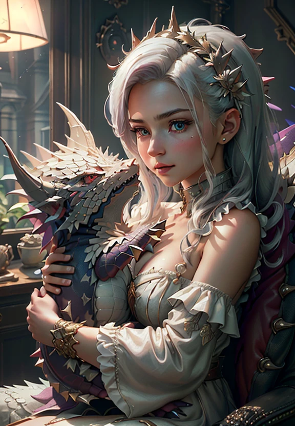 highres, masterpiece, perfect lighting, bloom, cinematic lighting,
half body, closeup portrait of a beautiful 21yo woman with (a little white DragonScaleAI in her arms), surrounded by white clouds, looking away, piercing eyes
,(masterpiece:1.3), (best_quality:1.3), (ultra_detailed:1.3), 8k, extremely_clear, realism, (ultrarealistic:1.3), <lora:DragonScaleAIV3:0.8>