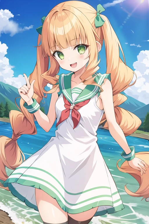 1girl, pomponette, blunt bangs, twintails, green eyes, hair bow, white dress, sailor collar, mountain, river, :d <lora:pomponette:0.6>