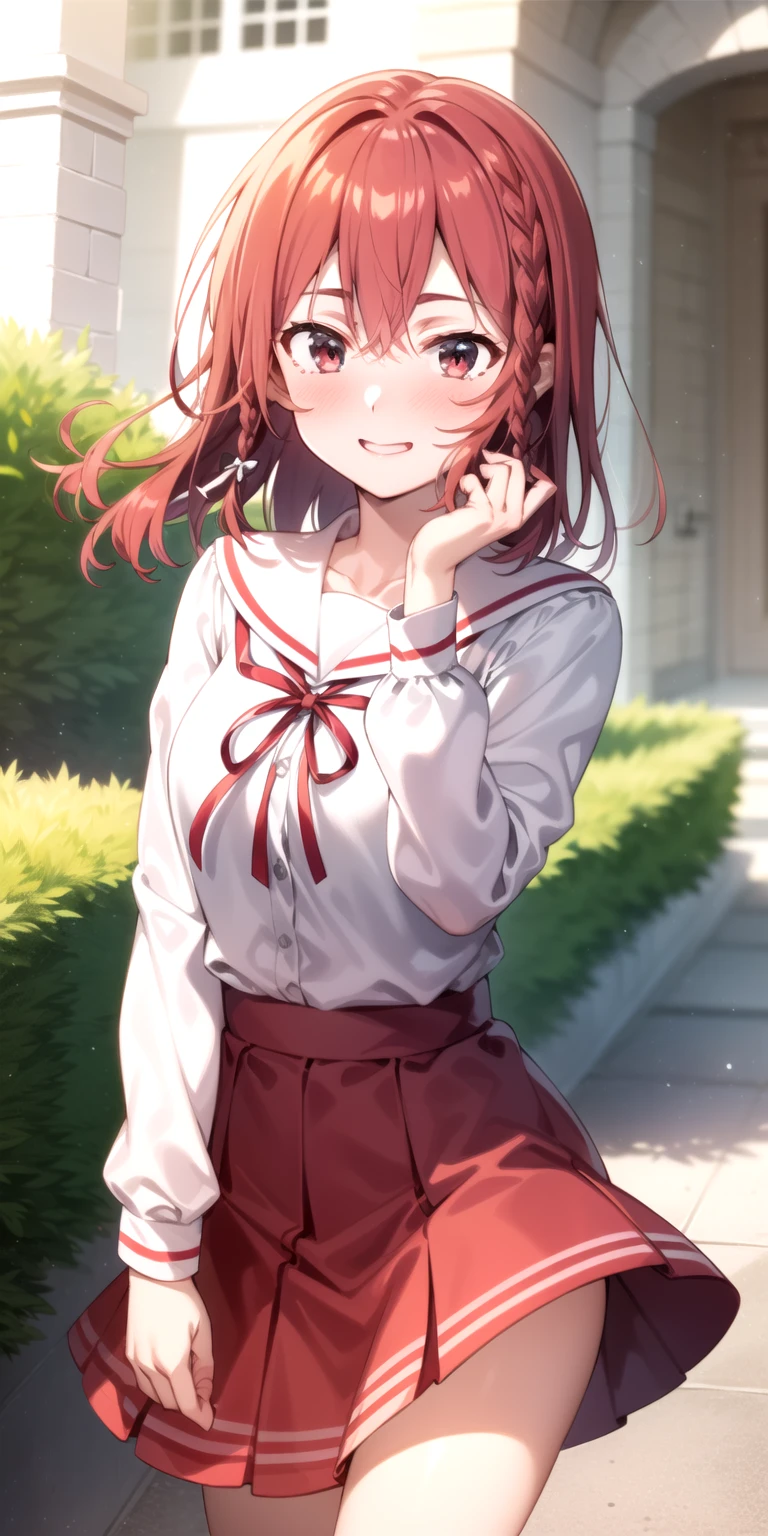 2d, masterpiece, best quality, anime, highly detailed, 1girl, solo, cowboy shot, sumi, single braid, side braid, hair bow, white bow, white shirt, long sleeves, sailor collar, red ribbon, red skirt, pleated skirt, embarrassed, blush, smile, outdoors<lyco:rentagf-10:1>