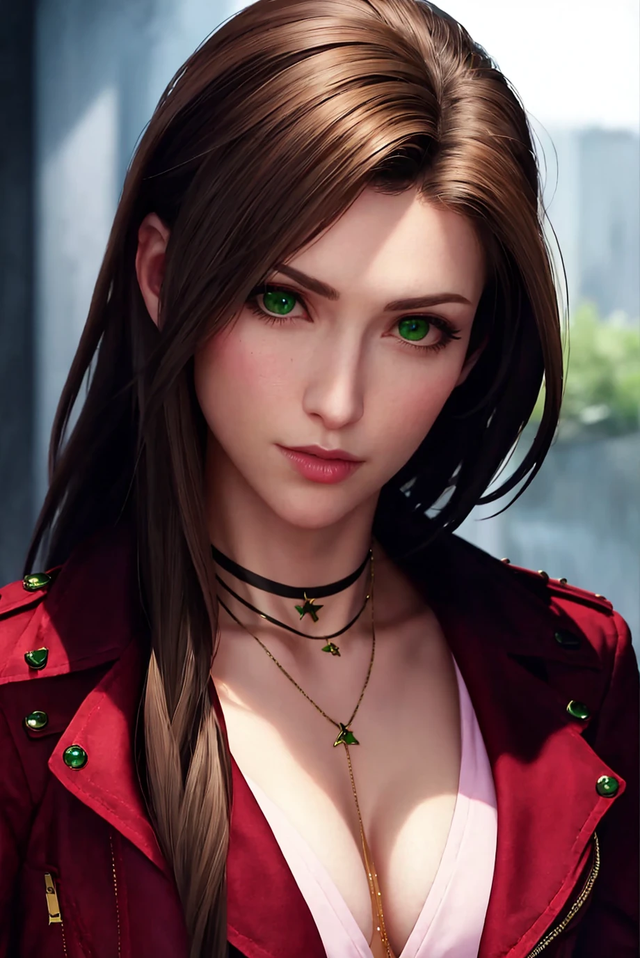 ff7r style,
1girl, solo, realistic, green eyes, brown hair, long hair, blurry, looking at viewer, red jacket, jewelry, blurry background, necklace, choker, jacket, portrait, lips, ribbon, hair ribbon, bow, nose, closed mouth
, ((masterpiece))
<lora:ff7r_style_ned_offset:1>