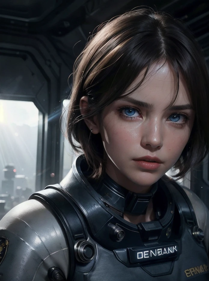 Hyper-realistic, dramatic, and cinematic portrait of a (determined) woman, with (short, tousled brunette) hair, detailed (intense, steel blue) eyes, and a detailed, resolute face, (capturing the essence of her courage and resolve in the face of danger), reminiscent of a still from the classic movie "Alien," showcasing intricate skin texture, (sweat glistening on her forehead and a clenched jaw), and strong features, (including the sharp contour of her cheekbones and the furrowed brow), (wearing a utilitarian, worn space suit with an atmospheric, dimly lit spaceship interior in the background), realistic, hyper realistic, highly detailed, depth of field, Detailed and Intricate, Photo, HD, Cinematic, Dynamic Lighting, (bokeh), ((captivating)), lens flare, (god rays:1.1), (cinema effect)
, ((detailed face and eyes)), <lora:epiNoiseoffset_v2:0.66>