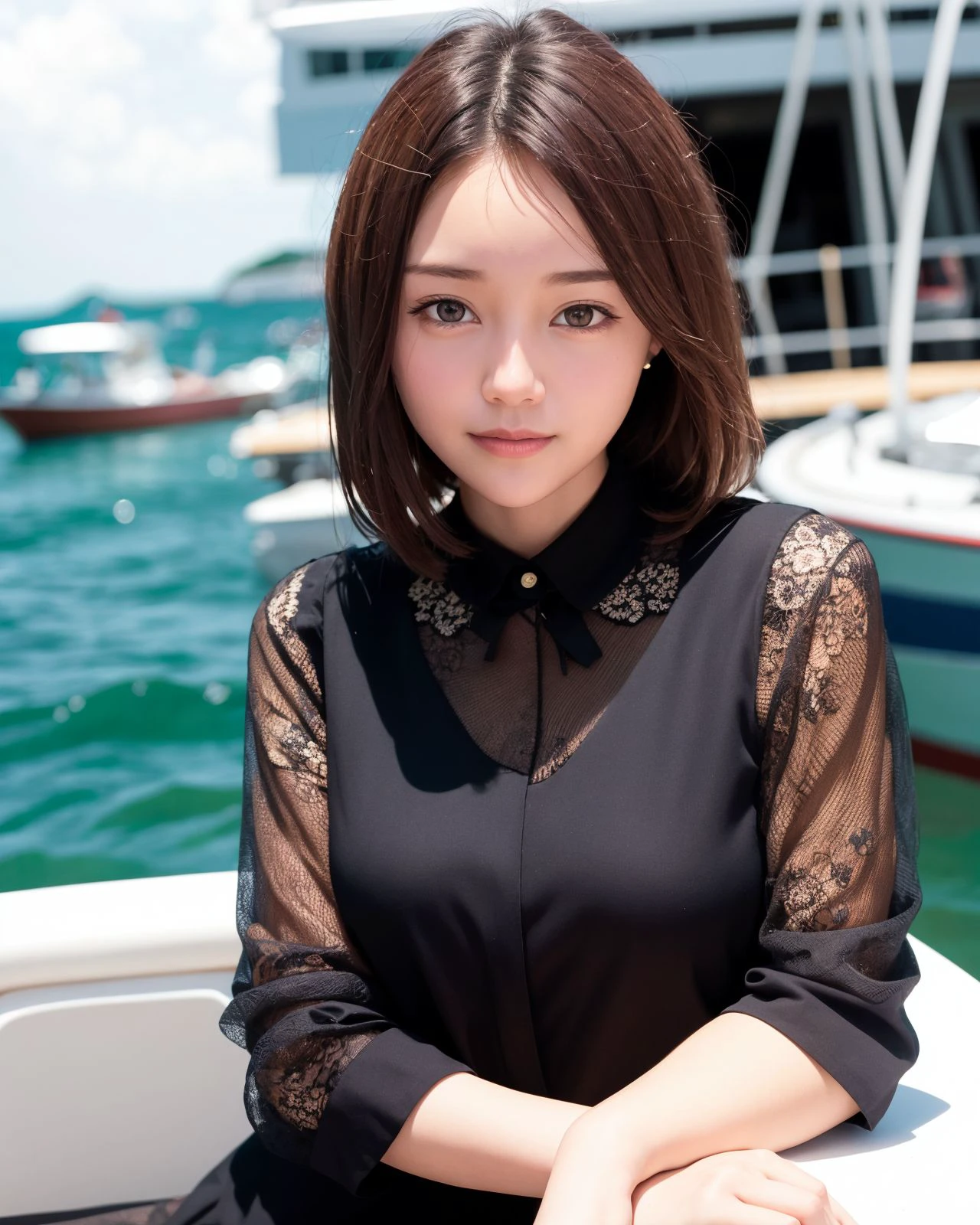 <lora:zyd232_ChineseGirl_v4_0:1> zydG, 1girl, detailed skin, looking at viewer, brown eyes, (short hair:1.2), (medium breasts:1.0), (large areolae:0.8), (smile:1.2),
portrait, (elegant blouse:1.4), sea, on boat,
(photorealistic:1.4), (best quality:1.0), (ultra highres:1.0), 8k, RAW photo, (masterpiece:0.2),
(pureerosface_v1:0.5),