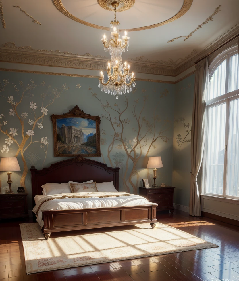 Masterpiece, 4K, beautiful design, absurdres, ,lh_room, a bedroom with a bed and a chandelier, (masterpiece:1.5) (painting:1.1) (best quality) (detailed) (intricate) (8k) (HDR) (wallpaper) (cinematic lighting) (sharp focus)
