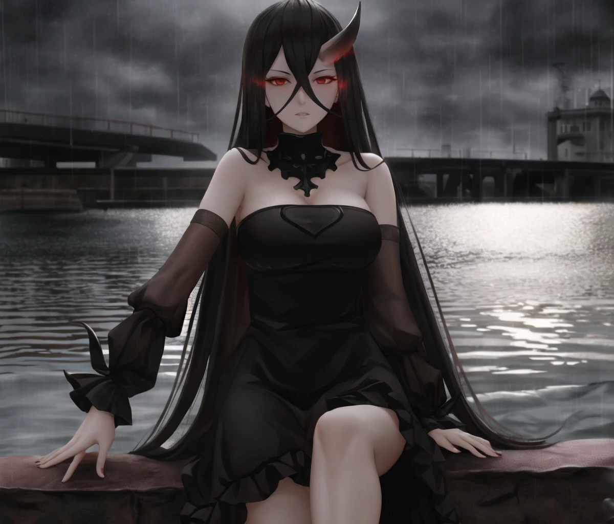 best quality, (red and black color palette:1.3), (legs apart, sitting, cowboy shot:1.3),
battleship water oni, abyssal ship, 1girl, red eyes, glowing eyes, serious, white skin, colored skin, horns, single horn, crossed bangs, black hair,  very long hair, hair between eyes, bare shoulders, cleavage, black dress, strapless dress, frilled dress, black gloves, elbow gloves, spiked bracelet 
BREAK
ocean, (rain:1.3), darkness, dark skies, dark clouds, storm clouds, cloudy sky, <lora:darkKukiv1:0.5>