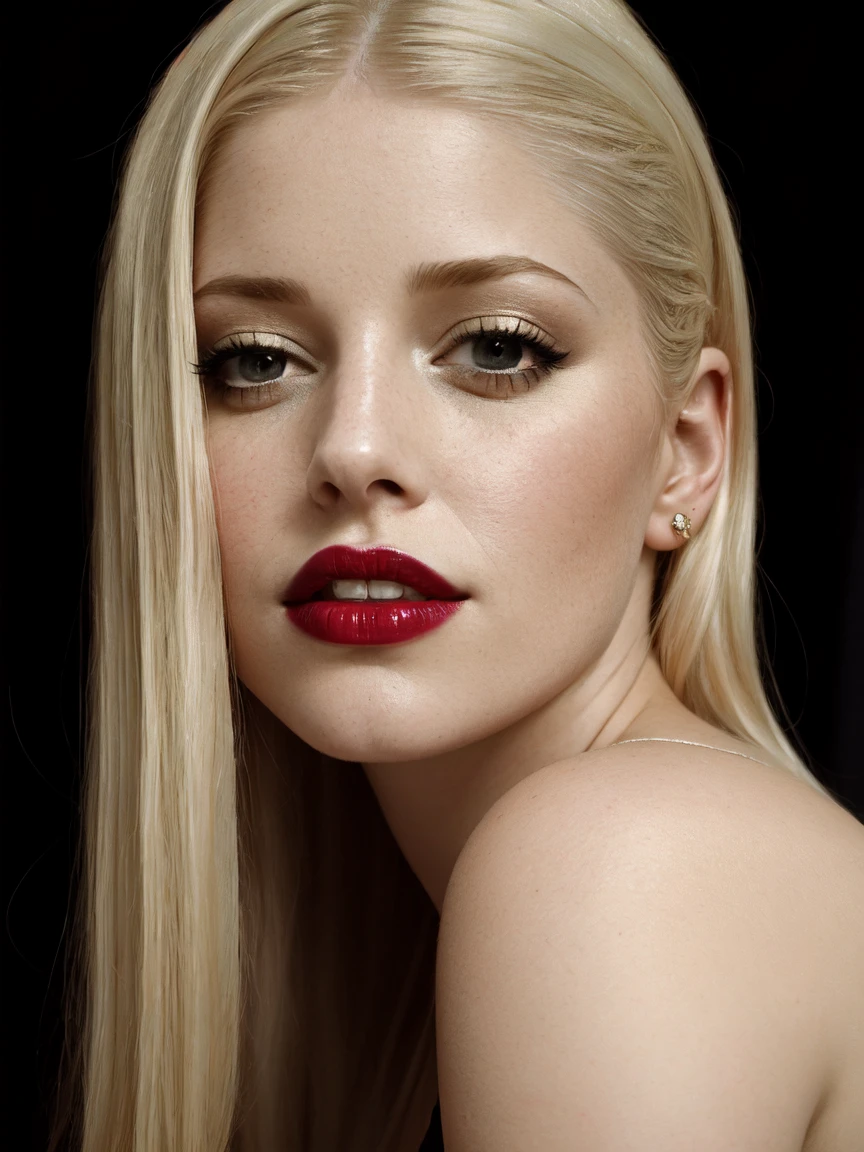 CharlotteStokely, woman, (to8contrast style), Close-up portrait, Charlotte Stokely's lips, 8k RAW photo, highest quality, detailed eyes, looking at the camera, best shadow, intricate details, interior, golden blonde hair, muted colors, high contrast style, glam shot, smoldering, sultry, intense, languid, tempting, sensual, seductive, longing, yearning, smitten, dark photography studio, minimal lighting, deep shadows, stark contrasts, dramatic highlights, black backdrop, dimples, fullness, plumpness, natural pout, lusciousness, red lips, bold color, alluring, captivating, striking, unforgettable, stunning, breathtaking, timeless beauty.