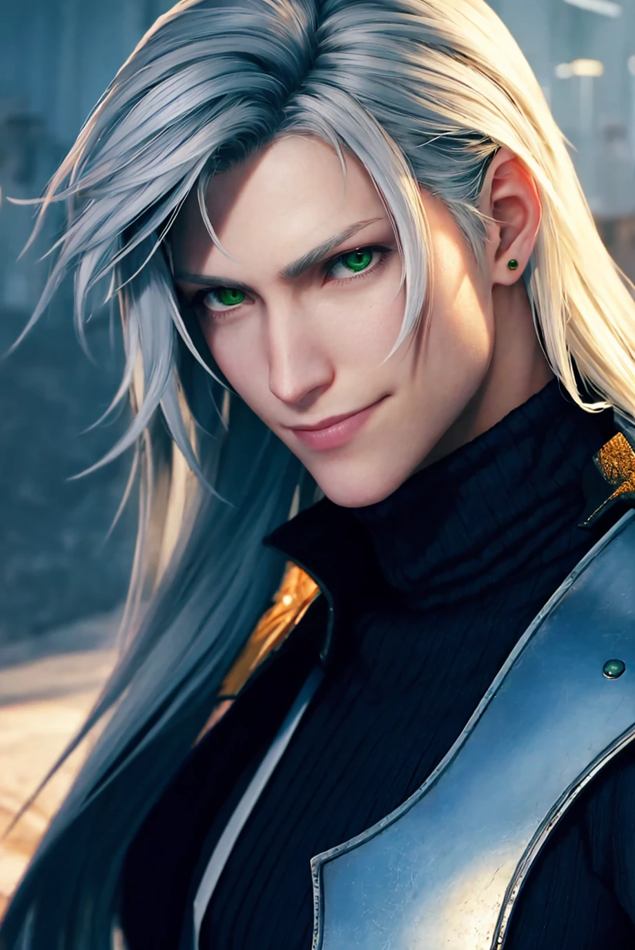 ff7r style,
long hair, male focus, solo, 1boy, shoulder armor, armor, blurry background, blurry, green eyes, closed mouth, realistic, smile, black jacket, looking at viewer, jacket, grey hair, bangs, upper body, portrait, pauldrons, white hair
, ((masterpiece))
<lora:ff7r_style_ned_offset:1>