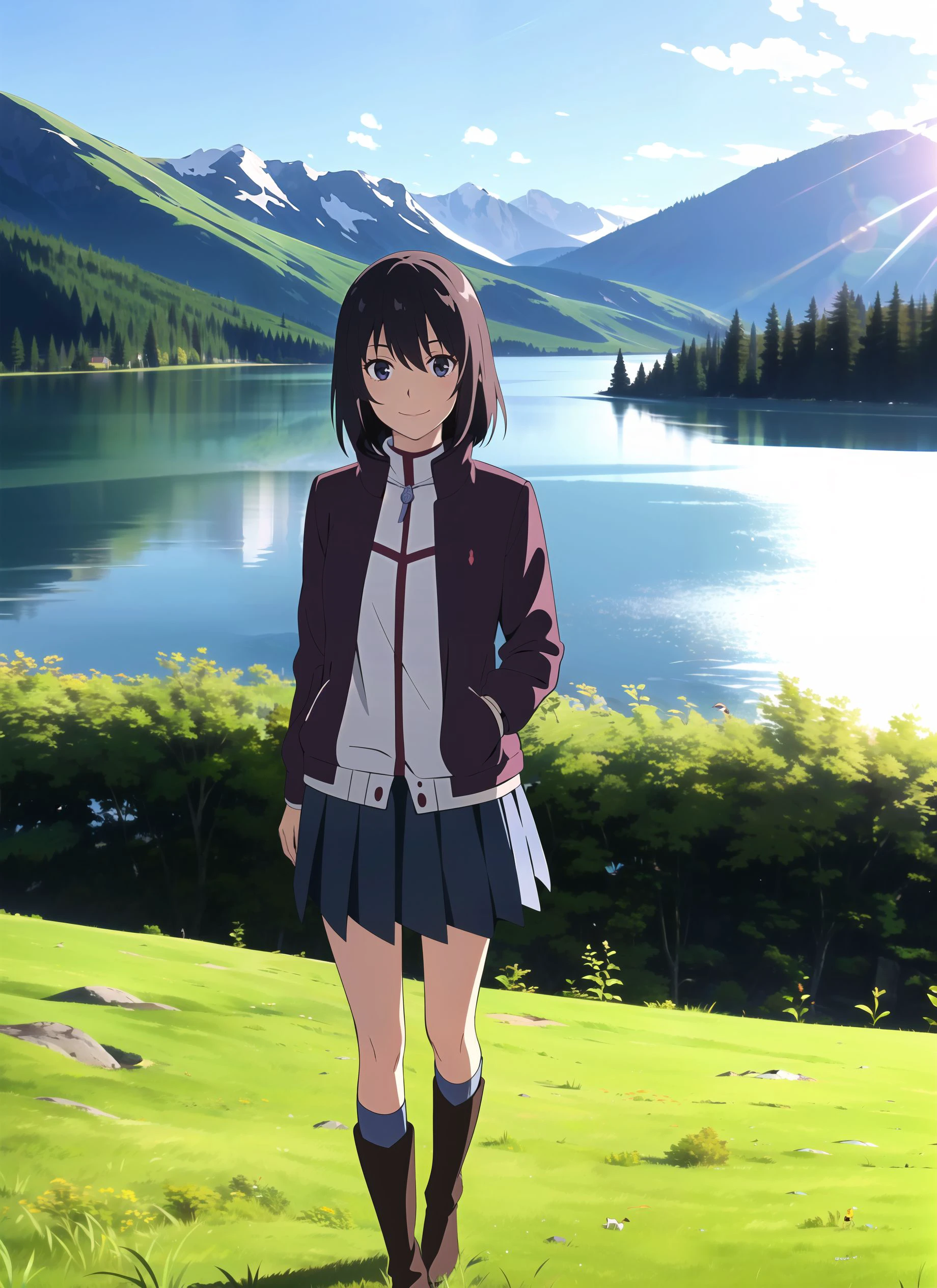 <lora:animemix_v3_offset:1> masterpiece, best quality, 1girl, solo, light smile, mountain, lake, meadow, panorama, jacket, kneehighs, boots, portrait