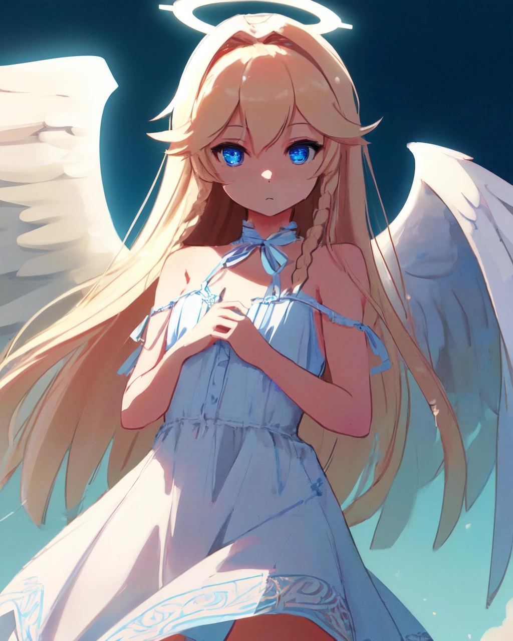 <lora:e7 AOL:1> e7 AOL, small breasts, flat chest, blue eyes, white summer dress with blue borders, angel wings, halo, symetrical,
(masterpiece), best quality, highres, 4k, 8k, Detailed Illustration, intricate detail, cinematic lighting, amazing quality, 1girl, fit female, amazing shading, soft lighting, facing camera, perfect eyes,