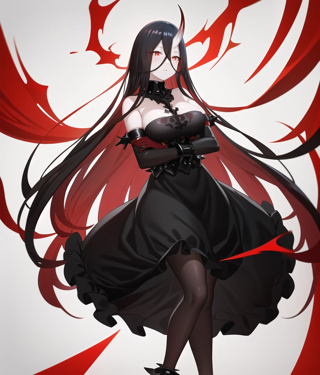 best quality, digital art, (red and black color palette:1.3), full-body portrait, (floating, levitating, hovering, crossed arms:1.3),
BREAK
battleship water oni, abyssal ship, 1girl, red eyes, glowing eyes, serious, white skin, colored skin, horns, single horn, crossed bangs, black hair,  very long hair, hair between eyes, bare shoulders, cleavage, black dress, large breasts, strapless dress, frilled dress, (black gloves, elbow gloves, spiked bracelet:1.2), black pantyhose, nice hands <lora:envybetterhandsLocon_beta2:0.75>