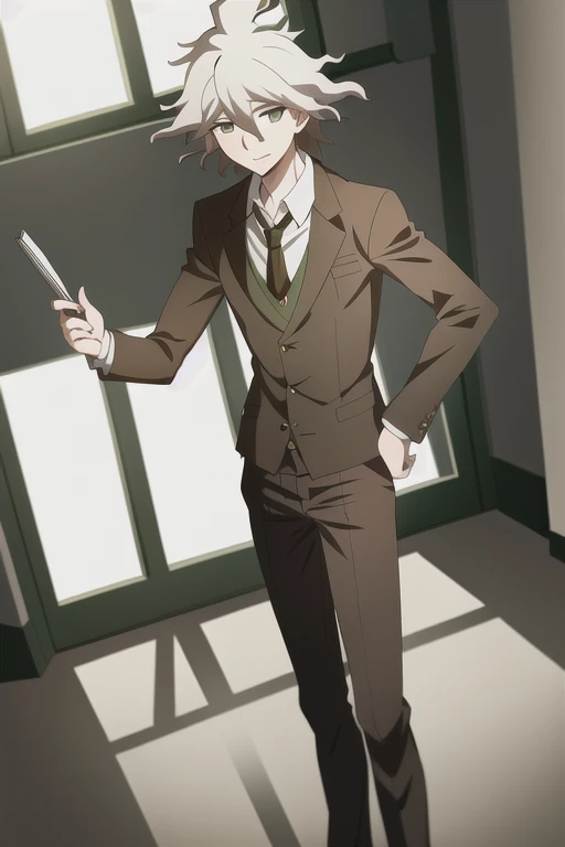 masterpiece, best quality, absurdres, 1boy, komaeda nagito, solo, solo focus, school uniform, brown jacket, open jacket, sweater vest, brown pants, white hair, ahoge, expressionless, smile, parted lips, <lora:danganronpa3_despair_arc:0.6>, classroom, dramatic lighting, standing, leaning on desk, window