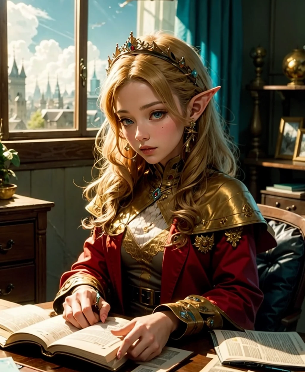 official art, unity 8k wallpaper, ultra detailed, beautiful and aesthetic, masterpiece, best quality, a princess elf in her room reading a book, fantasy