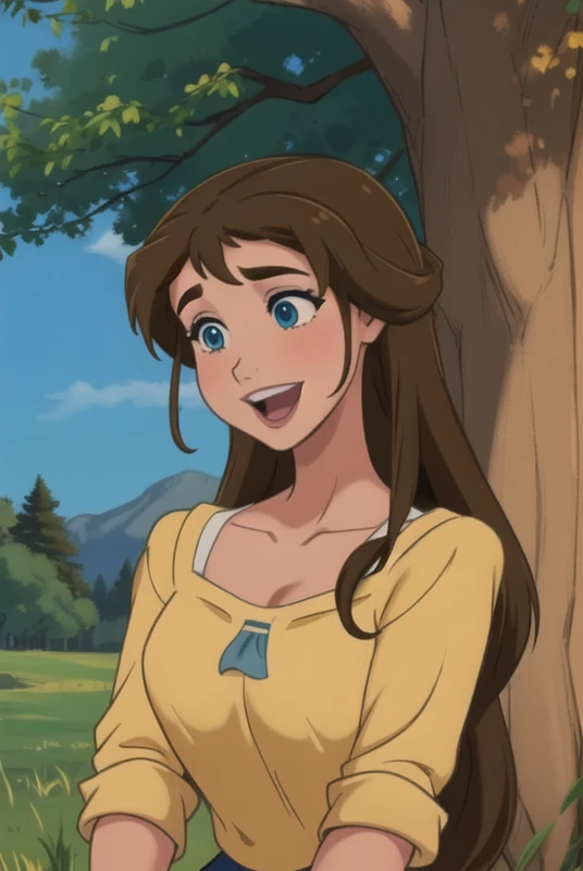 <lora:jane_porter:0.8>, jane porter, masterpiece, best quality, 1girl, solo, brown hair, smile, open mouth, long hair, blue eyes, tree, upper body, outdoors, yellow shirt, shirt, grass, collarbone,