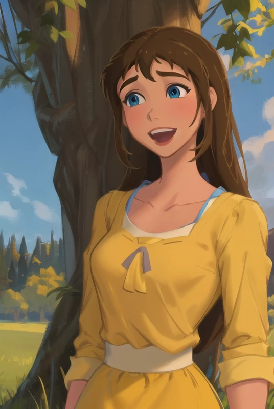 <lora:jane_porter:0.8>, jane porter, masterpiece, best quality, 1girl, solo, brown hair, smile, open mouth, long hair, blue eyes, tree, upper body, outdoors, yellow shirt, shirt, grass, collarbone,