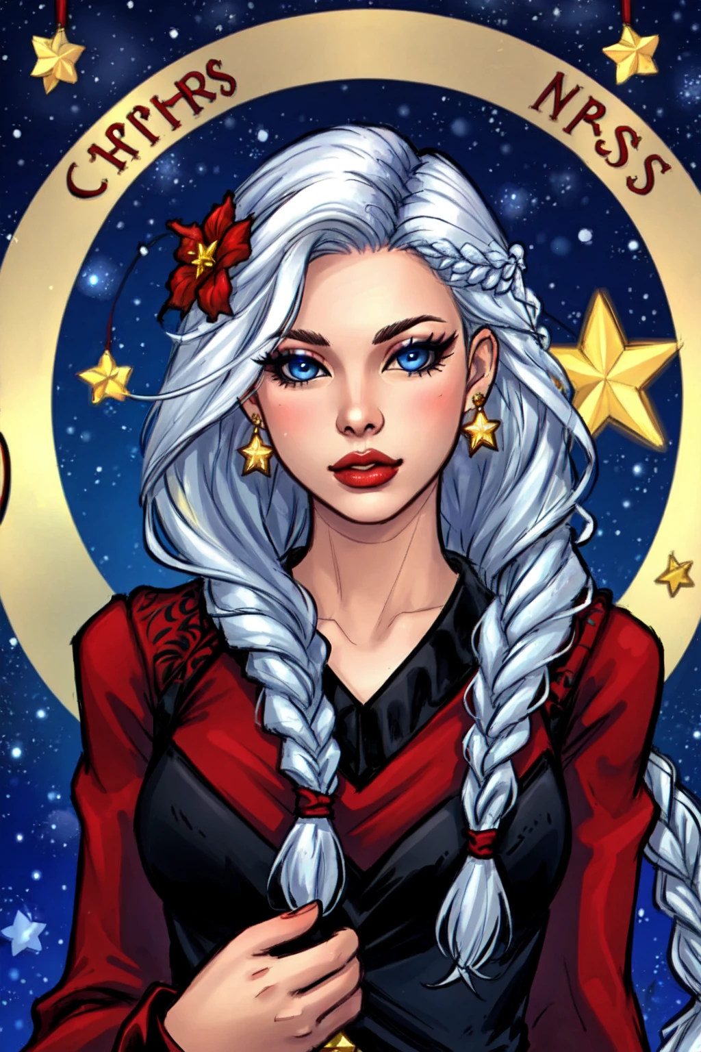 masterpiece, intricate detail,best quality, 1girl, solo, blue eyes, braid, long hair, hair ornament, earrings, jewelry, star (symbol),white hair, single braid, flower, looking at viewer, upper body, lips, hair over shoulder, christmas, eyelashes, hair flower, long sleeves, beautiful, sexy,