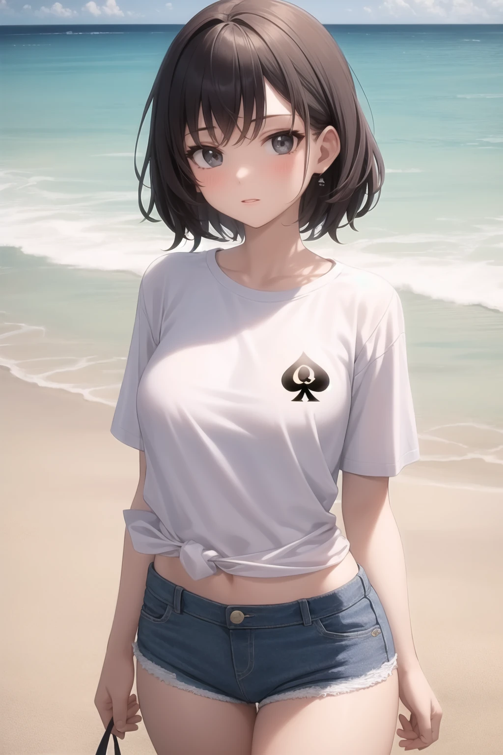 <lora:qos_tattoo_v0.5:1.0>
1girl, queen of spades symbol, white t-shirt, denim shorts, beach,, masterpiece, best quality, highly detailed