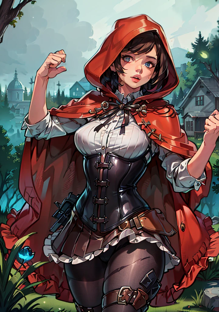 (RedHoodWaifu:1), 1girl, cute, (messy hair, brown hair, short hair), (red hood, cape, corset, dress), cute pose,
(realistic:1.2), (realism), (masterpiece:1.2), (best quality), (ultra detailed), (8k, 4k, intricate),(full-body-shot:1),(Cowboy-shot:1.2), (85mm),light particles, lighting, (highly detailed:1.2),(detailed face:1.2), (gradients), sfw, colorful,(detailed eyes:1.2),
(detailed ladscape, forest, vegetation, house:1.2),(detailed background),detailed landscape, (dynamic angle:1.2), (dynamic pose:1.2), (rule of third_composition:1.3), (Line of action:1.2), wide shot, daylight, solo,
<lora:LittleRedHood_character-20:0.7> <lora:reiqStyleLORA_v2:0.6>