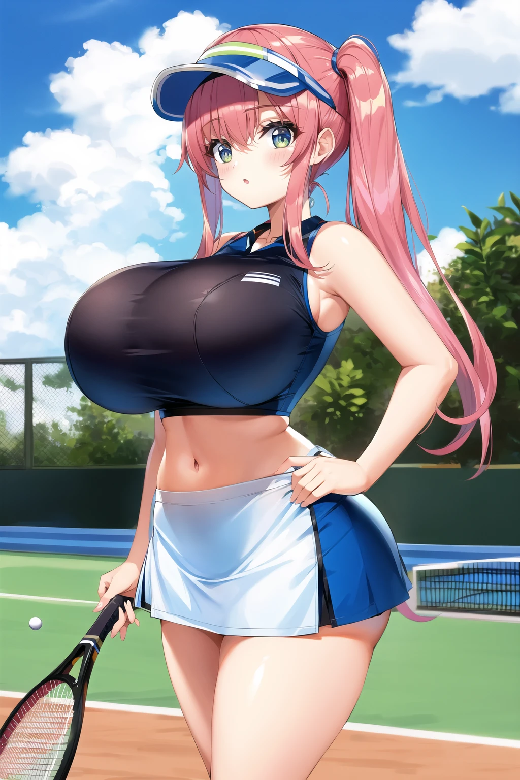 gigantic breasts, wide hips, visor cap, tennis racket, tennis court, crop top, crop top overhang, miniskirt, <lora:Cutesy4-10:0.6>