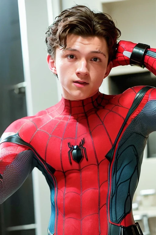 athletic slim boy, pero moreno con corte moderno, looking at camera while dressed as spiderman, en un cuarto de un chico adolescente.