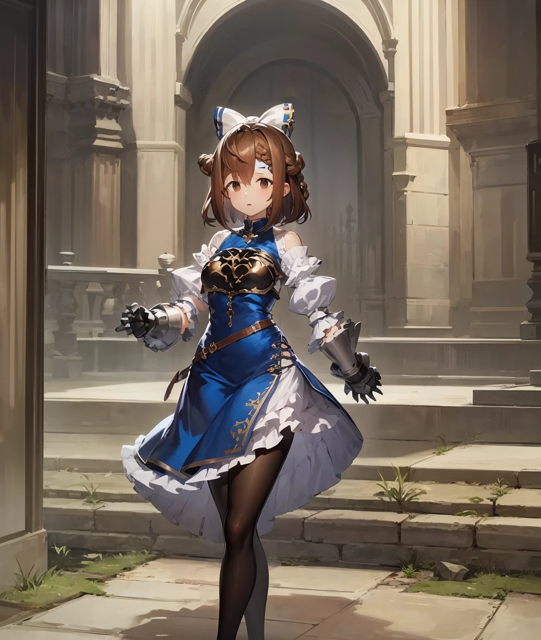 nsfw, (best quality, masterpiece, highres:1.4), a portrait of a girl, standing, full body,
1girl, brown hair, brown eyes, gauntlets, pantyhose, solo focus, armor, blue dress, looking at viewer, dress, bow, frills, hair bow, hair between eyes, puffy sleeves, short sleeves, black pantyhose, breasts, long hair, , white bow, braid, bangs, armored dress, frilled dress, puffy short sleeves,medium breasts, breastplate, medium hair, brown pantyhose, belt, brooch, ribbon, jewelry, frilled sleeves, hair ornament, skirt, shoulder armor, white shirt, pelvic curtain, shirt, gem, blue bow, large breasts, short hair, hair ribbon, (tareme), petticoat, facial mark, french braid,
<lora:Maisha1:1>, castle town in background,