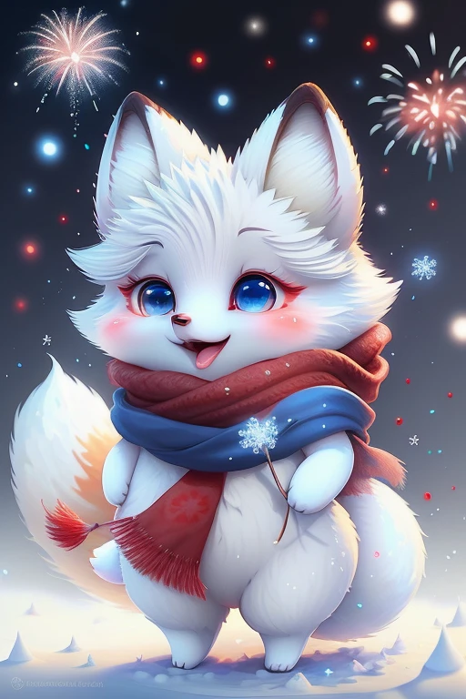 pixar style, a cute and sweet happy white fairy fox, Wearing a red scarf, singing, blue eyes long eyelashes, Happy sweet smile, open mouth.shiny snow white fluffy, fluffy tail, fairy tale, fireworks shine, bright color, natural light, face focus, <lora:FairyTaleV1s_SD1.5:0.7>