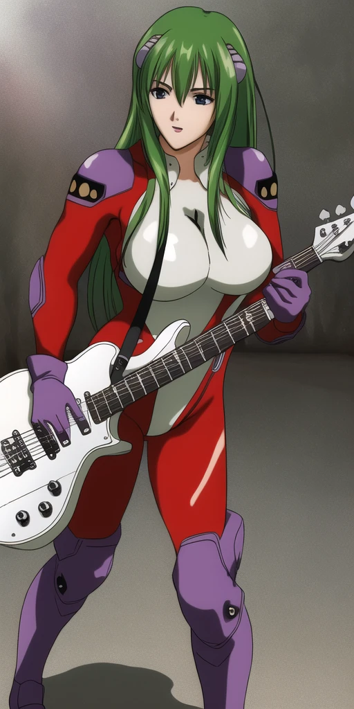 masterpiece, best_quality, highres, <lora:EmiliaJenius:0.65>, EmiliaJenius, large_breasts, bodysuit, guitar, solo