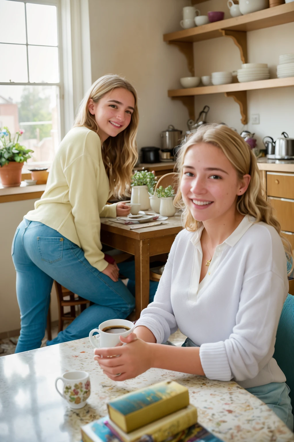 2girls women sitting at a kitchen table drinking coffee in large modern luxury home casual clothing
love warmth caring compassion loving  smiling Lighting-Gold dusty (masterpiece:1.2) (photorealistic:1.2) (bokeh) (best quality) (detailed skin) (intricate) (8k) (HDR) (cinematic lighting) (sharp focus) (Clutter-Home:1.2)