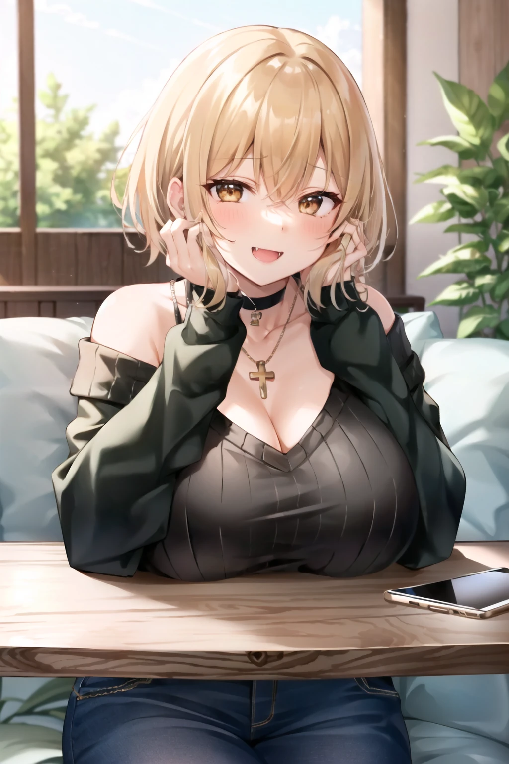 breasts on table, food, looking at viewer, black choker, 1girl, bangs, fang, hair between eyes, cross, sweater, elbow rest, table, couch, breasts, smile, bare shoulders, indoors, brown sweater, solo, head rest, phone, brown eyes, huge breasts, open mouth, off shoulder, sitting, off-shoulder sweater, blonde hair, breast rest, pov across table, cleavage, cross necklace, plant, large breasts,  collarbone, short hair, blush, necklace, long sleeves, jewelry<lora:breast_on_table:0.7>