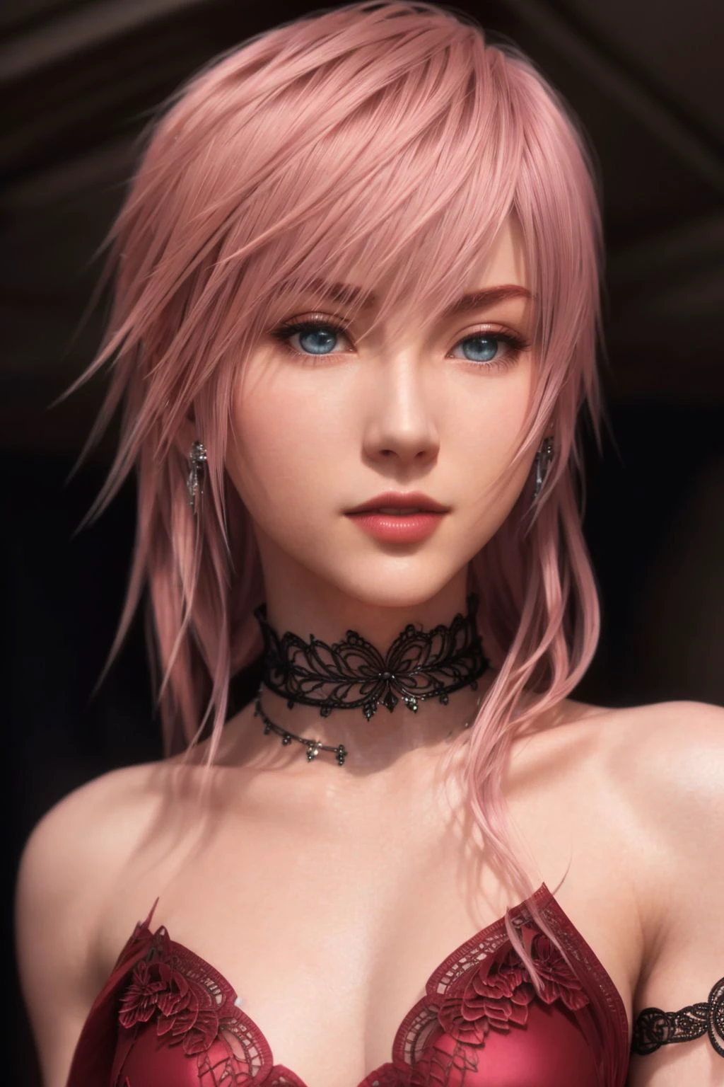 <lora:LightningFF:0.67>, masterpiece, highest quality, RAW, analog style, A stunning half body portrait of a beautiful woman,  pink hair, pale skin, vibrant blue eyes, wearing elegant red dress, wearing a choker, dark lighting, focused expression, (highly detailed skin, skin details), sharp focus, 8k UHD, DSLR, high quality, film grain, Fujifilm XT3, intricate details, highly detailed, cluttered and detailed background