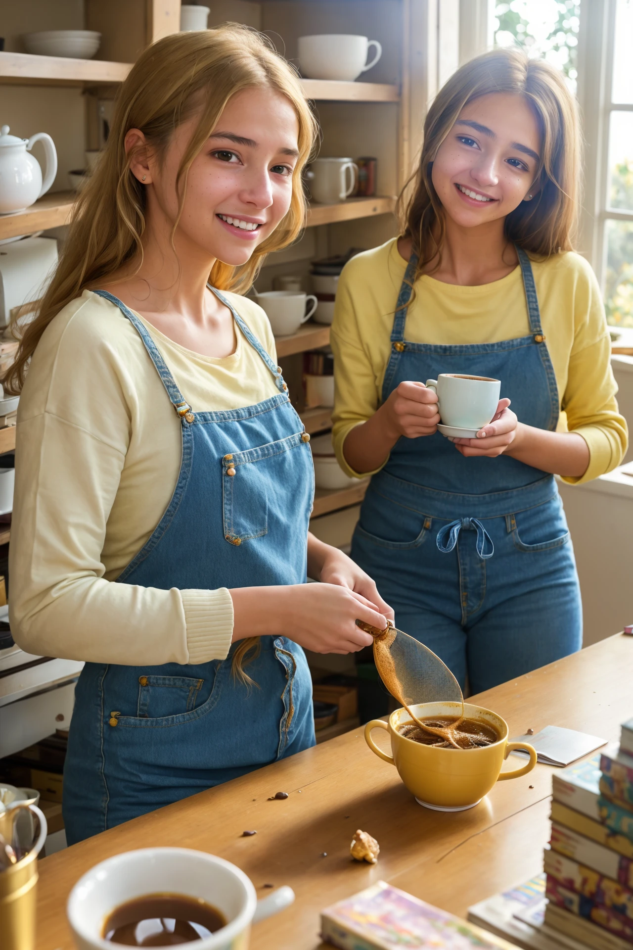2girls women sitting at a kitchen table drinking coffee in large modern luxury home casual clothing
love warmth caring compassion loving smiling Lighting-Gold dusty (masterpiece:1.2) (photorealistic:1.2) (bokeh) (best quality) (detailed skin) (intricate) (8k) (HDR) (cinematic lighting) (sharp focus) (Clutter-Home:1.2)